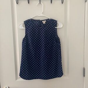 J.Crew Navy and White Polka Dot Blouse with Scalloped Neck